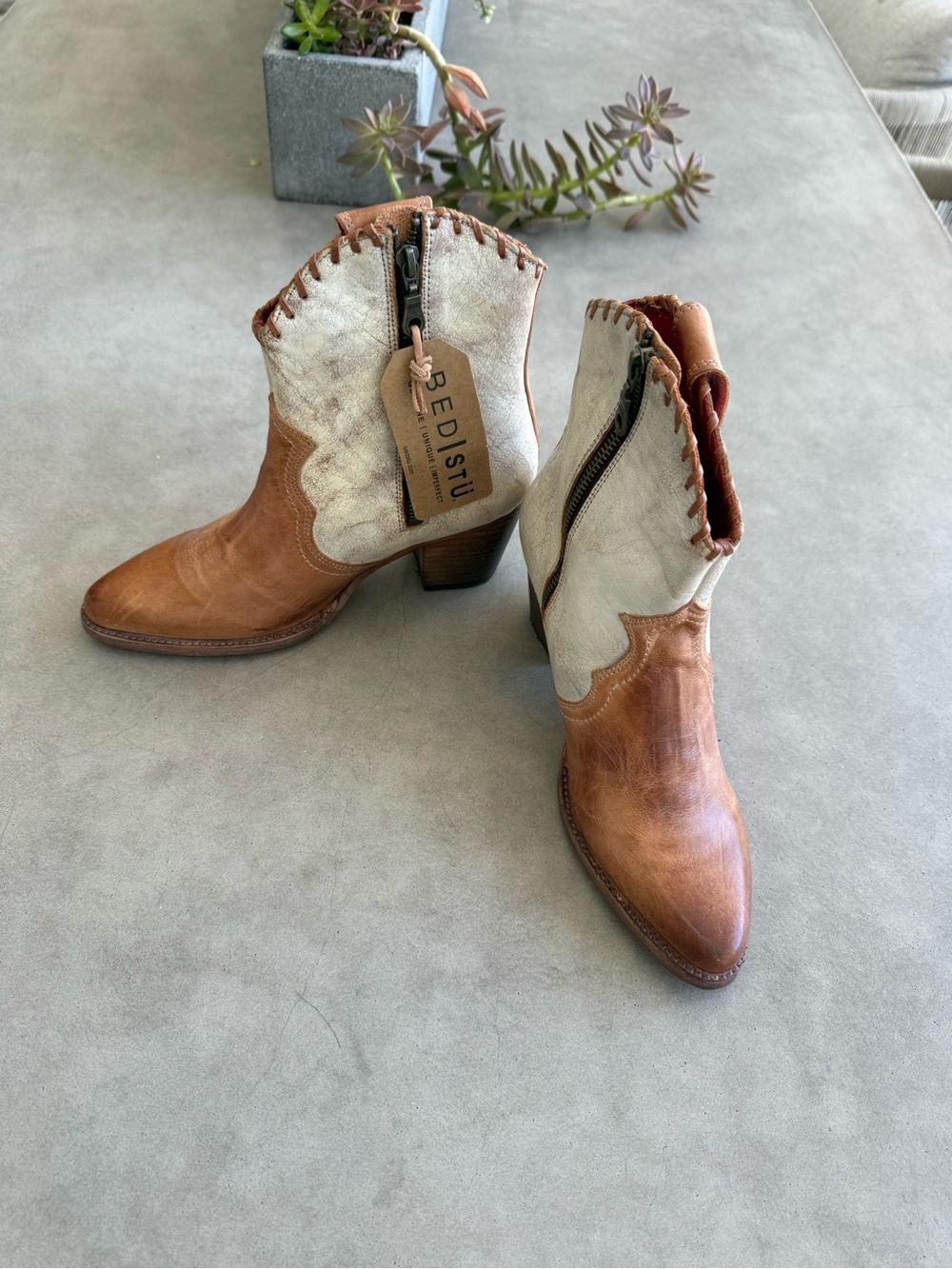BED|STÜ Baila II Western Leather Ankle Boots Cognac Cream NWT